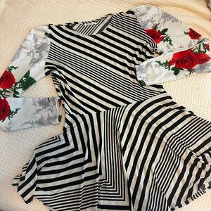 Black & White Striped Fit-and-Flare Dress with Red Rose Sleeves